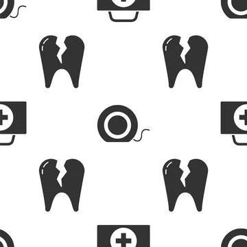 Set First aid kit, Dental floss and Broken tooth on seamless pattern. Vector 스톡 일러스트
