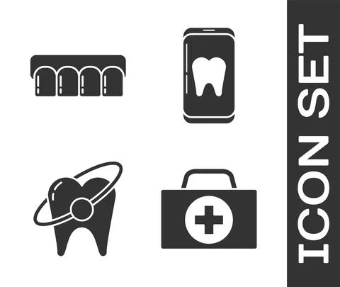 Set First aid kit, Dentures model, Tooth whitening concept and Online dental Stock Illustration