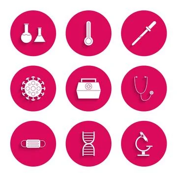 Set First aid kit, DNA symbol, Microscope, Stethoscope, Medical protective .. Stock Illustration