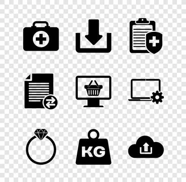 Set First aid kit, Download, Clipboard with medical insurance, Diamond Stock Illustration
