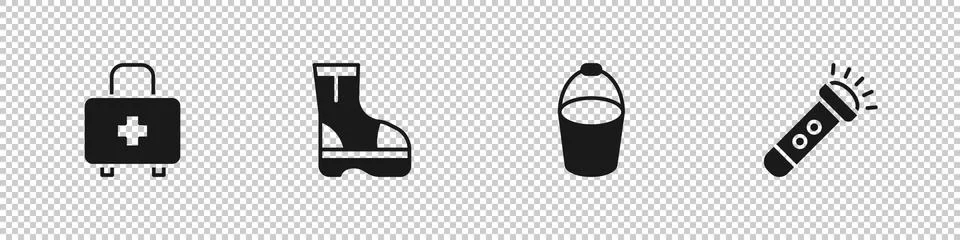 Set First aid kit, Fire boots, bucket and Flashlight icon. Vector Stock Illustration