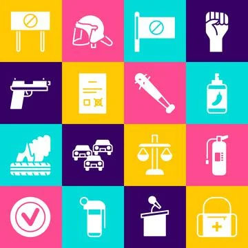 Set First aid kit, Fire extinguisher, Pepper spray, Protest, Poll document Stock Illustration