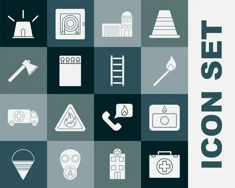 Set First aid kit, Fire alarm system, Burning match with fire, Building of Ilustración de archivo