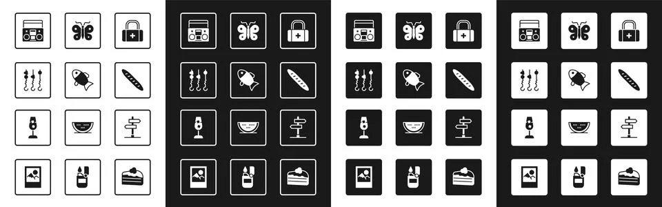 Set First aid kit, Fish, Grilled shish kebab on skewer, Home stereo with tw.. Stock Illustration