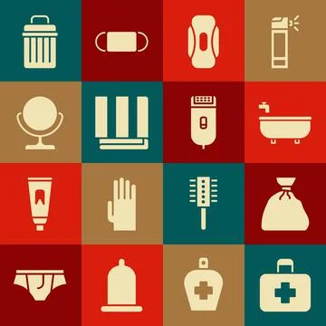 Set First aid kit, Garbage bag, Bathtub, Sanitary napkin, Towel stack, Round Stock Illustration
