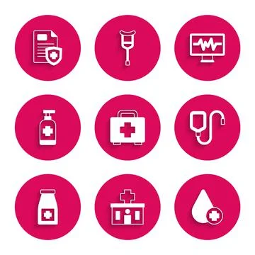 Set First aid kit, Hospital building, Donate drop blood, IV bag, Medicine bottle Stock Illustration