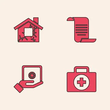Set First aid kit, House, Document with shield and Safe in hand icon. Vector Illustrazione stock
