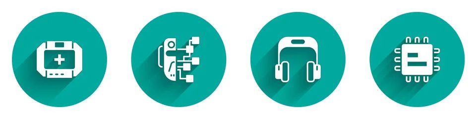Set First aid kit, Humanoid robot, Headphones and Processor CPU icon with long Stock Illustration