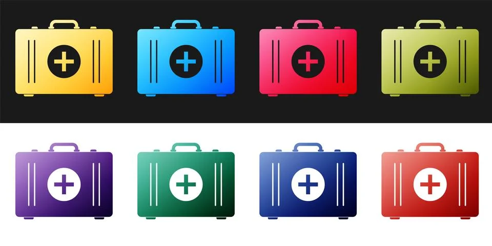 Set First aid kit icon isolated on black and white background. Medical box with 스톡 일러스트