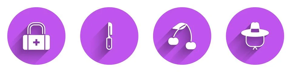 Set First aid kit, Knife, Cherry and Camping hat icon with long shadow. Vector Illustrazione stock