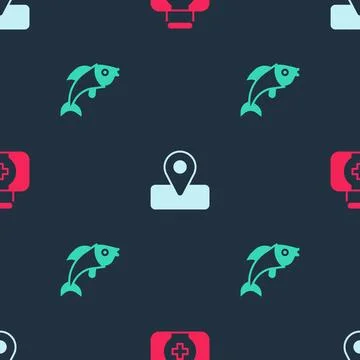 Set First aid kit, Location for camping and Fish on seamless pattern. Vector Stock Illustration