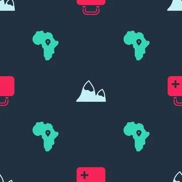 Set First aid kit, Mountains and Map of Africa on seamless pattern. Vector Stock Illustration