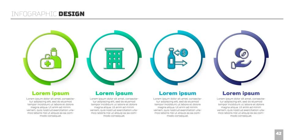 Set First aid kit, Multi storey building, Reception of glass bottles and Ilustración de archivo