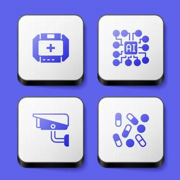 Set First aid kit, Neural network, Security camera and Medical pill biohacking Stock Illustration