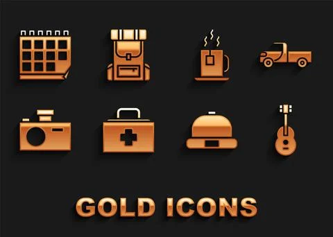 Set First aid kit, Pickup truck, Guitar, Beanie hat, Photo camera, Cup of tea Stock Illustration