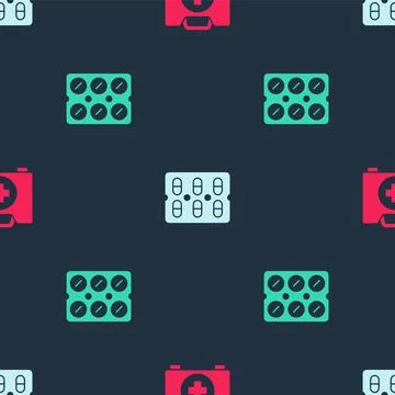 Set First aid kit, Pills in blister pack and on seamless pattern. Vector Stock Illustration