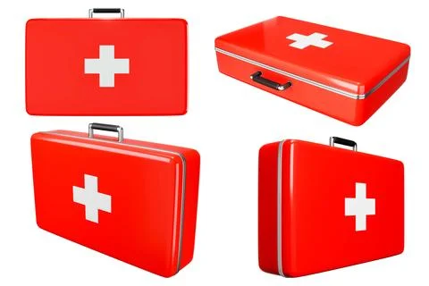 SET first aid kit, red medicine box, emergency car, ambulance medical assis.. Stock Photos