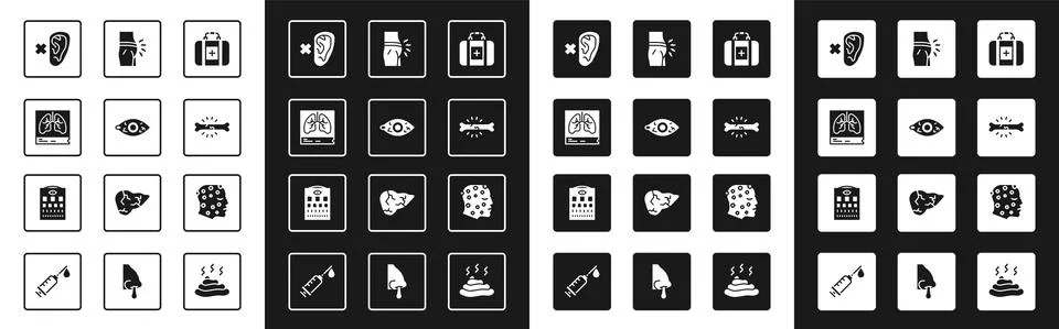 Set First aid kit, Reddish eye, Lungs x-ray, Deaf, Bone pain, Abdominal bloating 스톡 일러스트