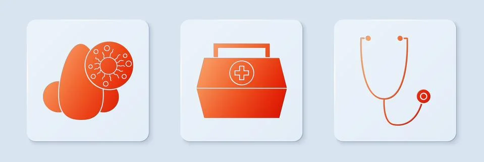 Set First aid kit, Runny nose and virus and Stethoscope. White square button Stock Illustration