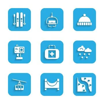 Set First aid kit, Skate park, Route location, Cloud with snow, Cable car, .. Ilustração Stock
