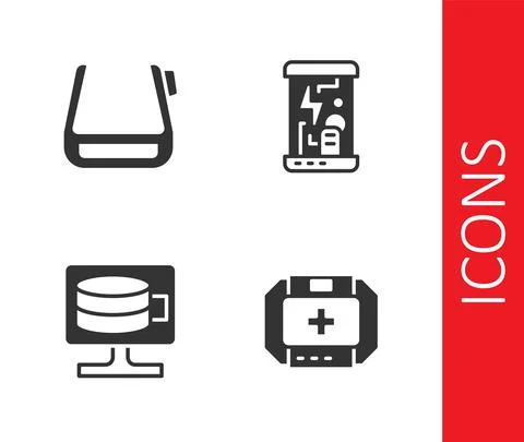 Set First aid kit, Smart glasses on spectacles, Cloud database and Cryogenic Stock Illustration