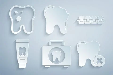 Set First aid kit, Teeth with braces, Tube of toothpaste, Tooth caries, Bro.. Stockillustratie