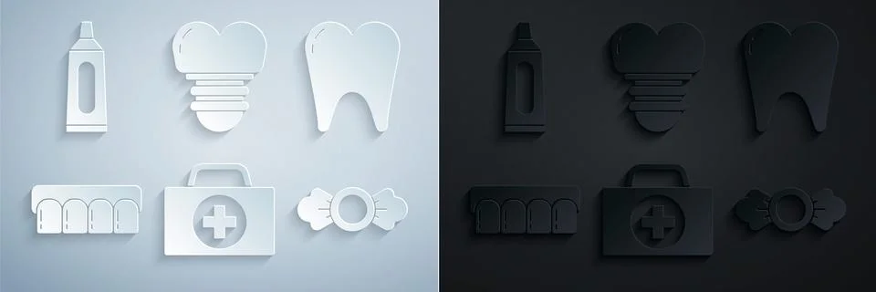 Set First aid kit, Tooth, Dentures model, Candy, Dental implant and Tube of Stock Illustration