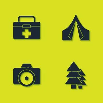 Set First aid kit, Tree, Photo camera and Tourist tent icon. Vector Stock Illustration