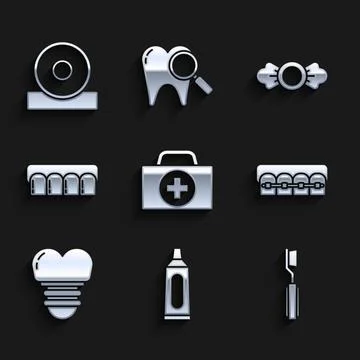 Set First aid kit, Tube of toothpaste, Toothbrush, Teeth with braces, Dental Stock Illustration
