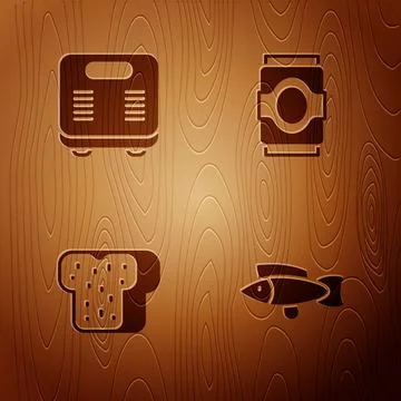 Set Fish, Bathroom scales, Bread toast and Soda can on wooden background. Vector イラスト素材
