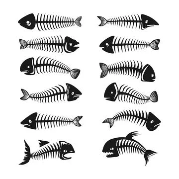 Set of fish bone collection, dying fish silhouette cartoon, fish skeleton s.. Stock Illustration