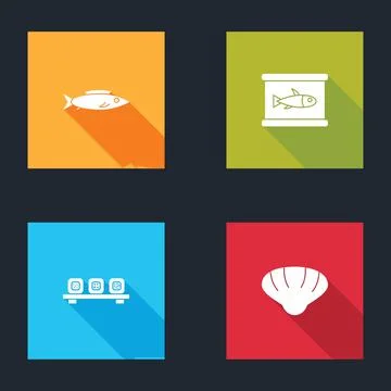 Set Fish, Canned fish, Sushi on cutting board and Scallop sea shell icon. Vector Illustrazione stock