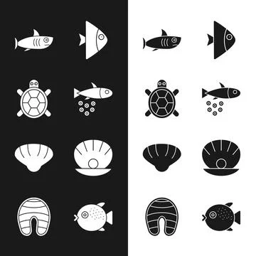 Set Fish with caviar, Turtle, Shark, Scallop sea shell, Shell pearl, Puffer fish Stockillustratie