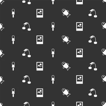 Set Fish, Cherry, Ice cream and Photo frame on seamless pattern. Vector 스톡 일러스트