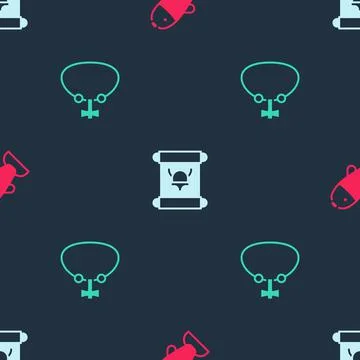 Set Fish, Decree, parchment, scroll and Necklace with gem on seamless pattern Stock Illustration