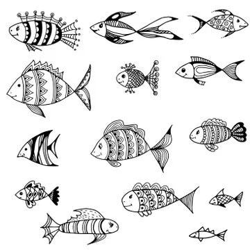 A set of fish of different styles Stock Illustration