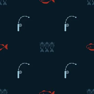 Set Fish, Dried fish and Fishing rod on seamless pattern. Vector Stock Illustration