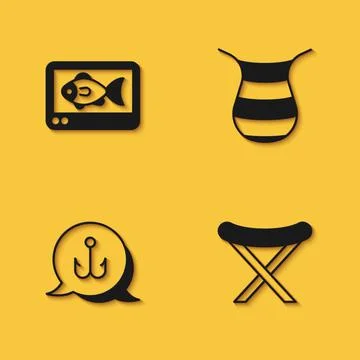 Set Fish finder echo sounder, Camping folding chair, Fishing hook and net icon Stock Illustration