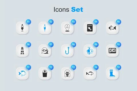 Set Fish, Fishing float, boots, finder echo sounder, lure and hook icon. Vect Illustrazione stock
