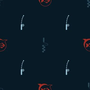 Set Fish, Hand ice drill and Fishing rod on seamless pattern. Vector Stock Illustration