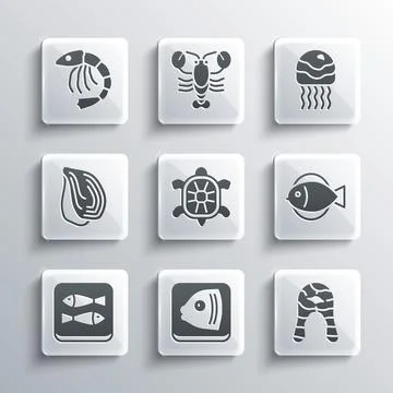 Set Fish head, steak, Turtle, Canned fish, Mussel, Shrimp and Jellyfish icon Ilustración de archivo