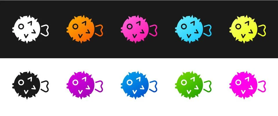 Set Fish hedgehog icon isolated on black and white background.  Vector Stock Illustration