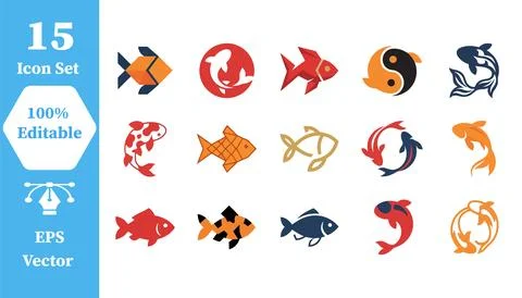 Set of fish icons featuring koi and aquatic wildlife illustrations, wildlife Stock Illustration