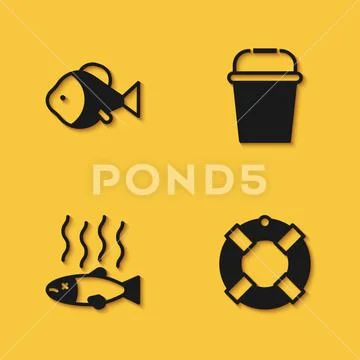 Set Fish, Lifebuoy, Dead fish and Fishing bucket icon with long shadow.  Vector ~ Clip Art #162714415