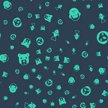 Set Fish, Monkey, Bear head and Owl bird on seamless pattern. Vector 스톡 일러스트