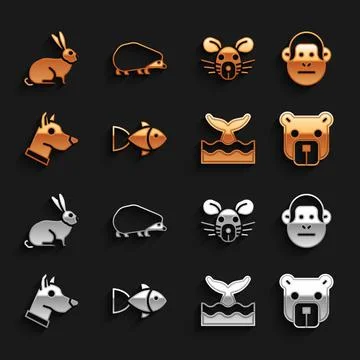 Set Fish, Monkey, Bear head, Whale tail in ocean wave, Dog, Rat, Rabbit and 스톡 일러스트