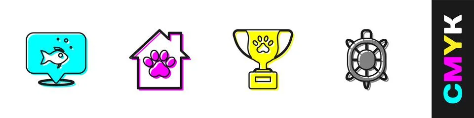 Set Fish, Pet house, award symbol and Turtle icon. Vector Stock Illustration