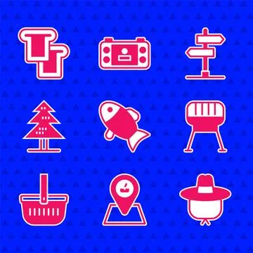 Set Fish, Picnic location, Camping hat, Barbecue grill, basket, Tree, Road .. Illustrazione stock