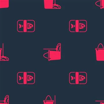 Set Fish plastic tray container and Mop and bucket on seamless pattern. Vector Illustrazione stock