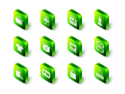 Set Fish plastic tray container, Cash register machine, Sauce bottle, Scanner Stock Illustration